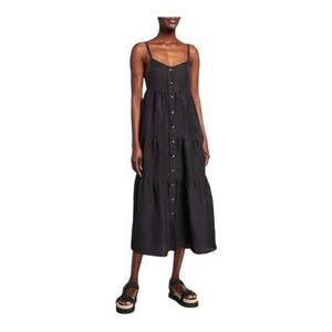 Anemos womens medium tiered midi dress black button demure casual beach boho